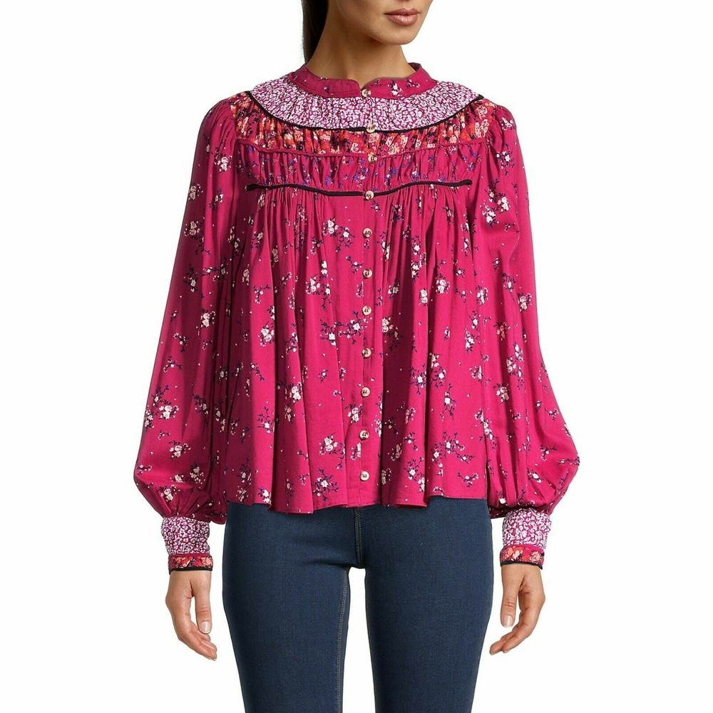 NWT Free People Paloma Floral Button Peasant Top Berry Combo Small Cottagecore - Picture 9 of 13